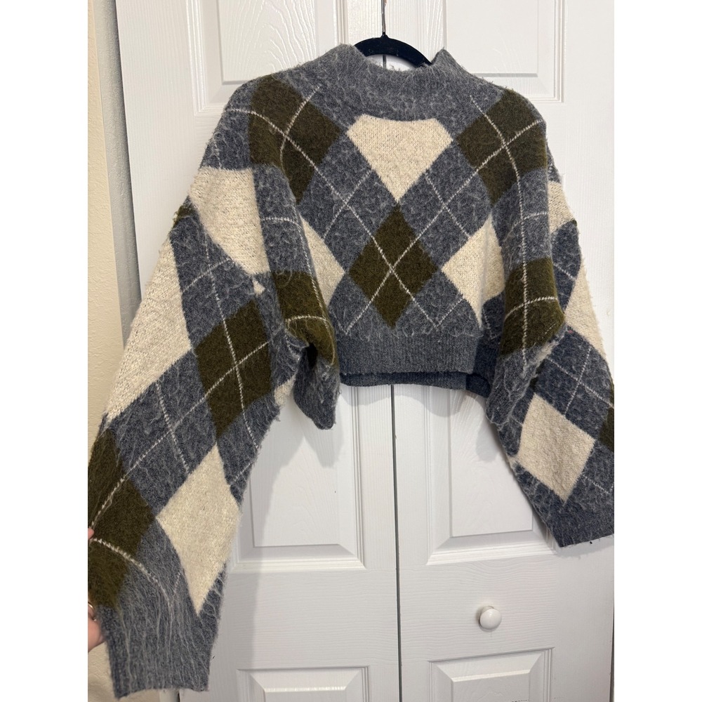 Nasty Gal L Argyle Cropped Sweater Fuzzy Knit Olive Gray Preppy Grandpa Y2K NWT